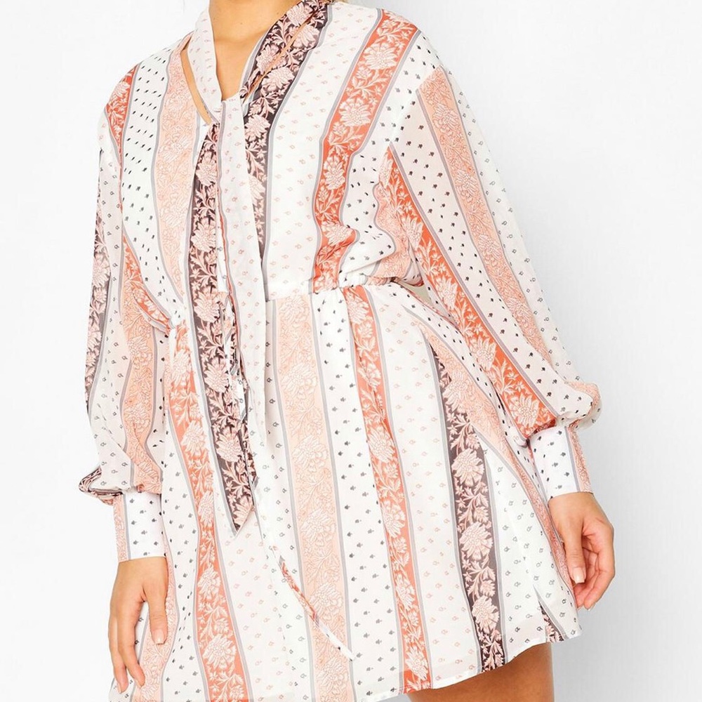 Plus Floral Stripe Tie Detail Smock Dress